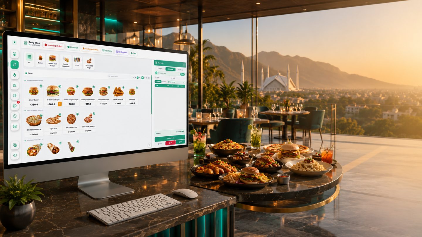 Restozay restaurant POS system running on a counter screen in a Islamabad restaurant, with the Islamabad skyline behind it