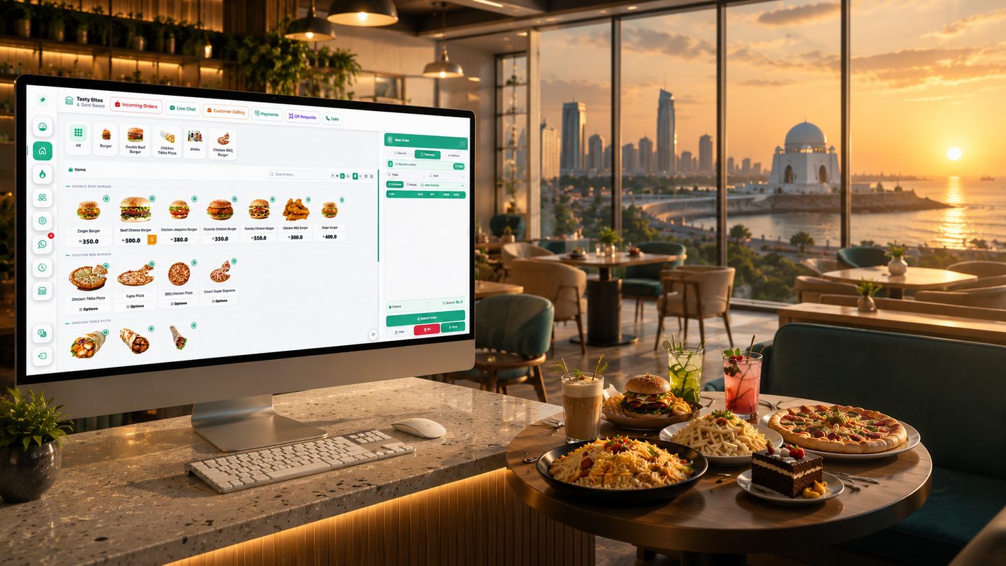 Restozay restaurant POS system running on a counter screen in a Karachi restaurant, with the Karachi skyline behind it