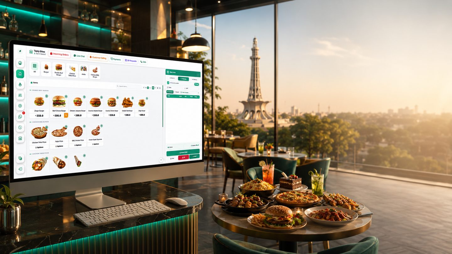 Restozay restaurant POS system running on a counter screen in a Lahore restaurant, with the Lahore skyline behind it